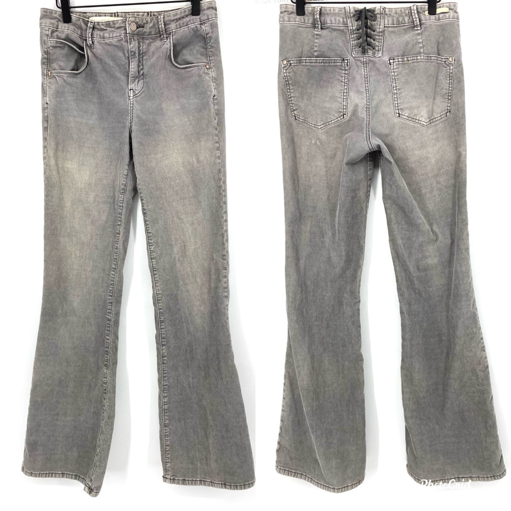Pilcro and the Letterpress Script Grey Corduroy Flare Pants with Lace-up Detail